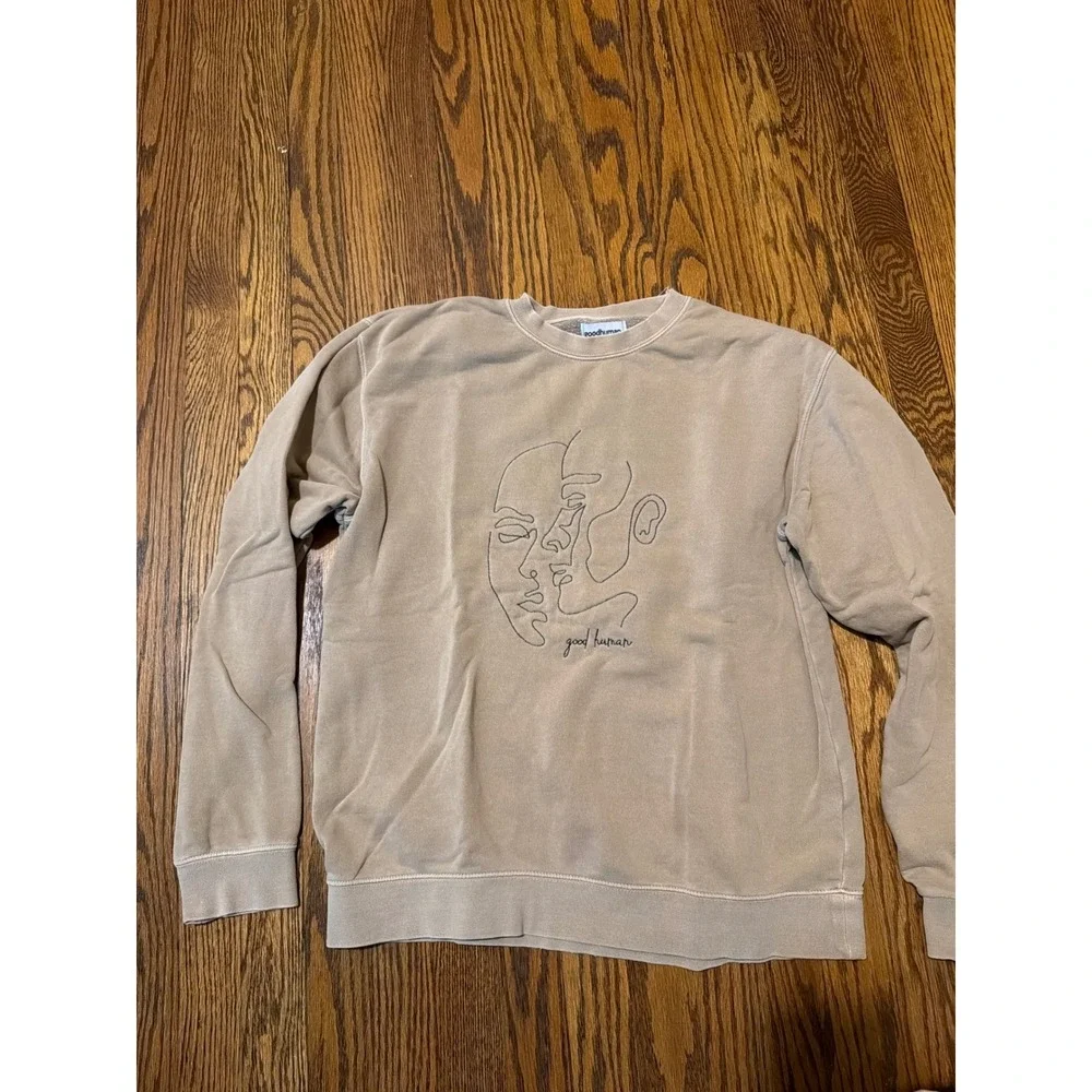 Goodhuman Tan Beige Line Art Face Graphic Crewneck Sweatshirt Medium
